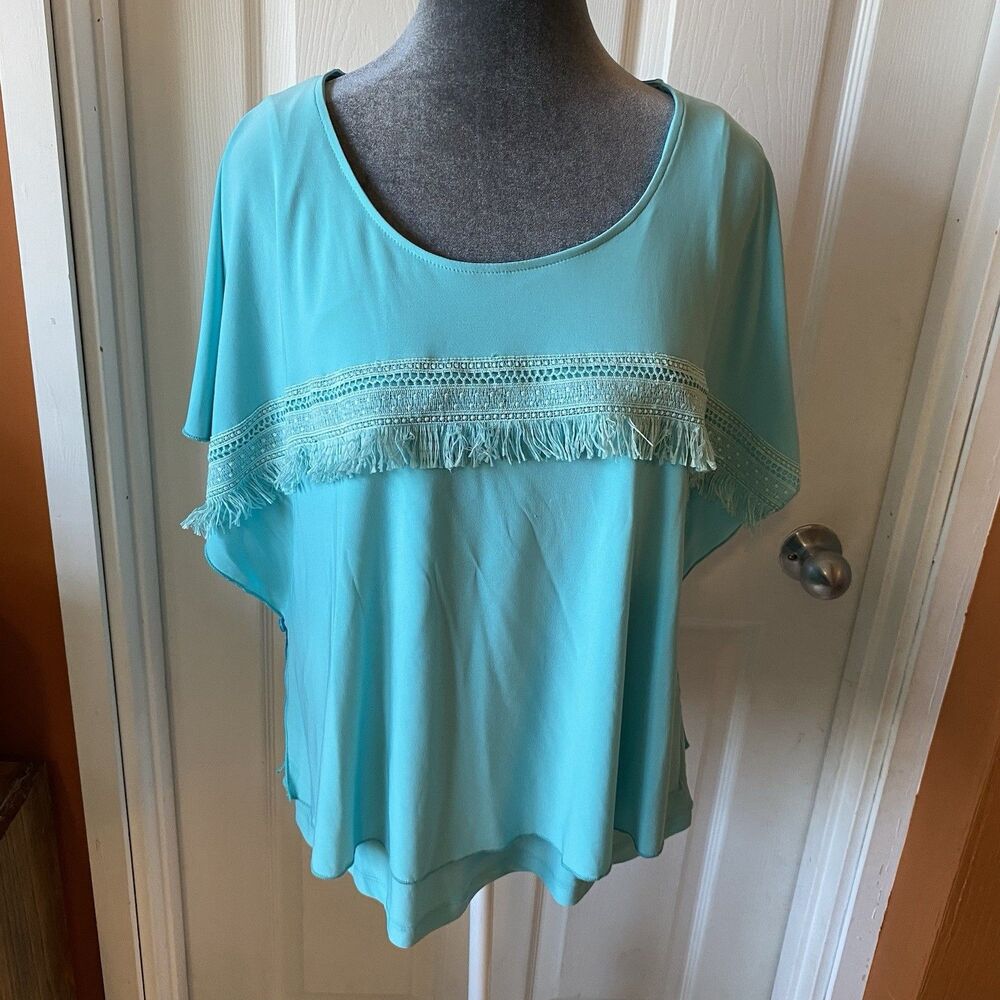 Colletta Blouse Women’s Size Large NWT Lined Fringe Boat Neck Aqua Top